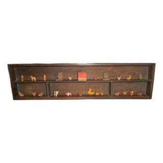 Folk Art 19th Century Primitive Wall Shelf With Collection of Early Hand-Carved Miniature Farm Animals, Trees & House For Sale