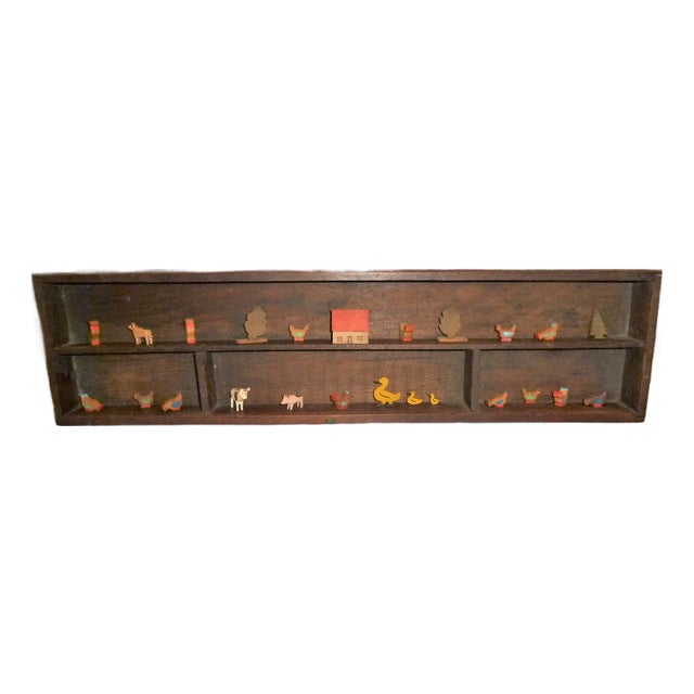Folk Art 19th Century Primitive Wall Shelf With Collection of Early Hand-Carved Miniature Farm Animals, Trees & House For Sale