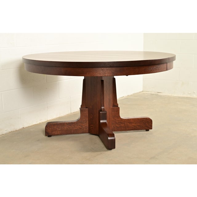 Imperial Furniture, Grand Rapids Gustav Stickley Style Antique Mission Oak Arts & Crafts Pedestal Extension Dining Table, Newly Refinished For Sale - Image 4 of 12