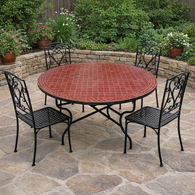 Moroccan Moroccan 48" Round Burgundy Mosaic Coffee Table For Sale - Image 3 of 8