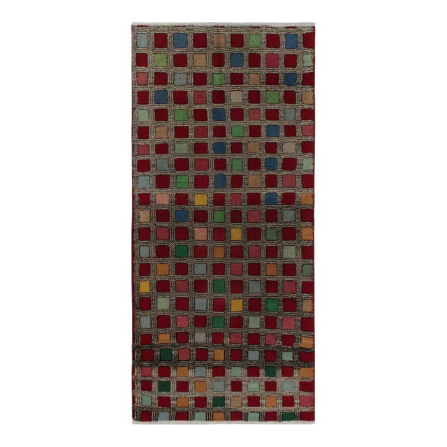 1960s Vintage Mid-Century Runner in Red With Multicolor Geometric Patterns For Sale