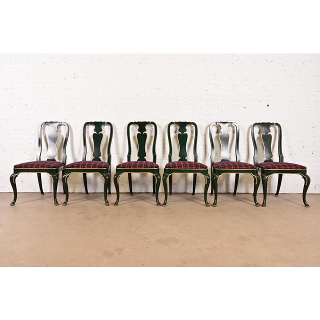 A gorgeous set of six Hollywood Regency Chinoiserie style side chairs or dining chairs in Queen Anne form By Kindel...