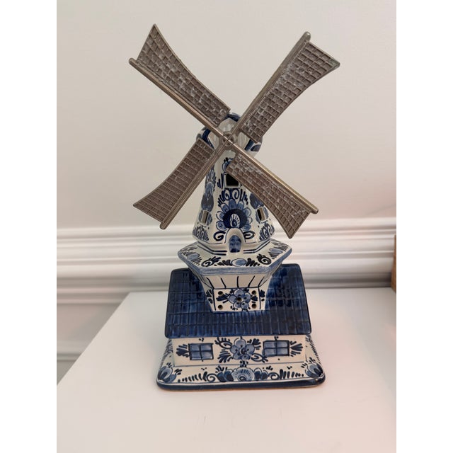 Vintage Delft Blue Dutch Windmill Working Music Box | Hand-Painted Ceramic | Made in Holland | Pewter Sails For Sale - Image 9 of 9