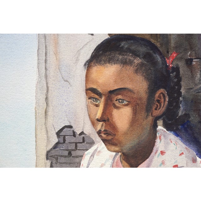 Impressionist "Portrait of a Young Mexican Girl" Impressionist Watercolor on Paper by Joseph Yeager 1950s For Sale - Image 3 of 6