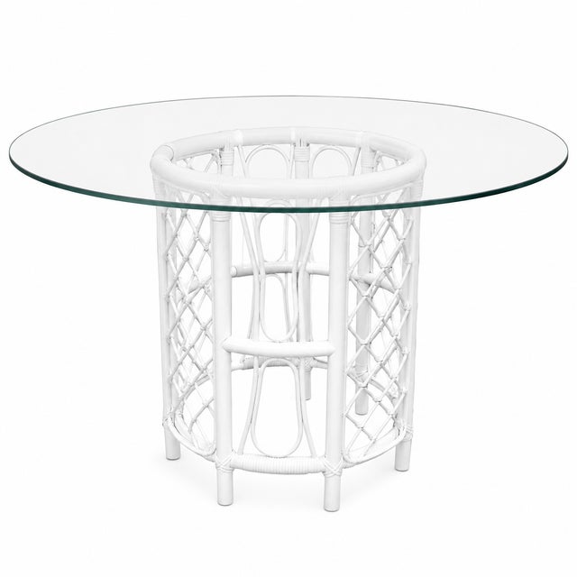 Vintage Coastal High-Gloss White Rattan Dining Table with 54" Glass Top For Sale