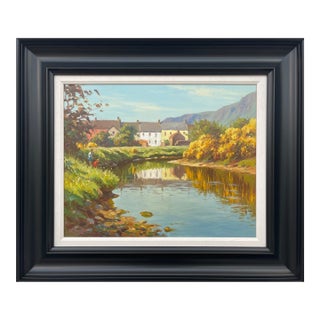 Irish Landscape Art - Fly Fishing River Scene in Coastal Village Ireland by Contemporary Irish Artist, 2000 Circa For Sale