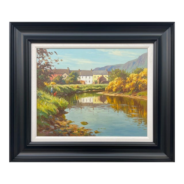 Irish Landscape Art - Fly Fishing River Scene in Coastal Village Ireland by Contemporary Irish Artist, 2000 Circa For Sale