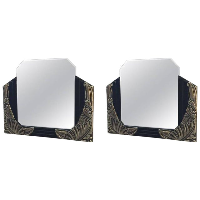 French Art Deco Black Lacquer and White Gold Mirrors - a Pair For Sale