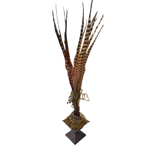 Vintage Natural Pheasant Feather Sculptural Arrangement on Metal Base Sculpture With Moss & Twisted Vine For Sale - Image 12 of 12