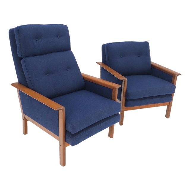 Danish Mid-Century Modern Teak Frames New Wool Upholstery Lounge Chairs Refinish For Sale