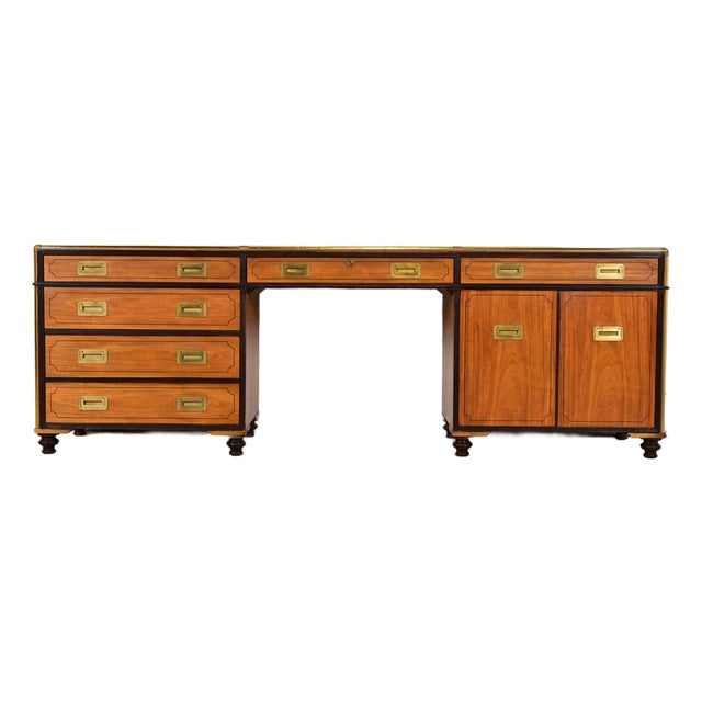 Baker Furniture Mid-Century Hollywood Regency Campaign Satinwood Desk or Executive Credenza, Circa 1960s For Sale