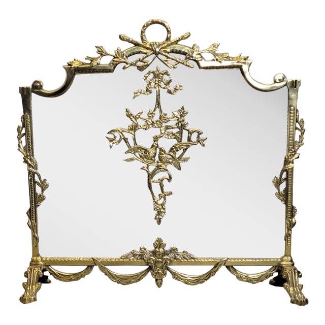 Louis XV Style Brass Fireplace Screen With Birds & Garland Motifs, Italy 1960s–1970s For Sale