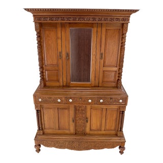 Solid Carved Teak Antique Two Part Cupboard Cabinet with Unique Feature For Sale