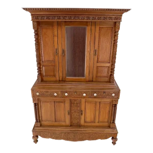 Solid Carved Teak Antique Two Part Cupboard Cabinet with Unique Feature