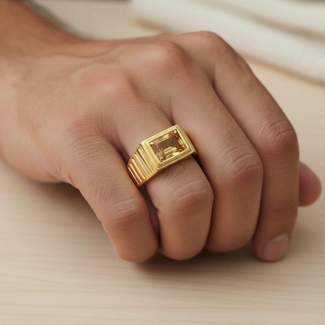 Art Deco Signet Ring for Men With Citrine, Silver, Gold, Size 10 For Sale - Image 4 of 5