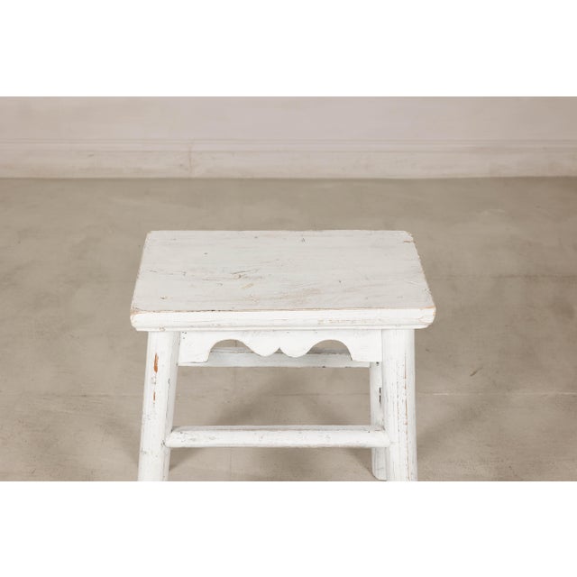 Vintage Chinese Rustic Country Style White Painted Wooden Stool For Sale - Image 14 of 16