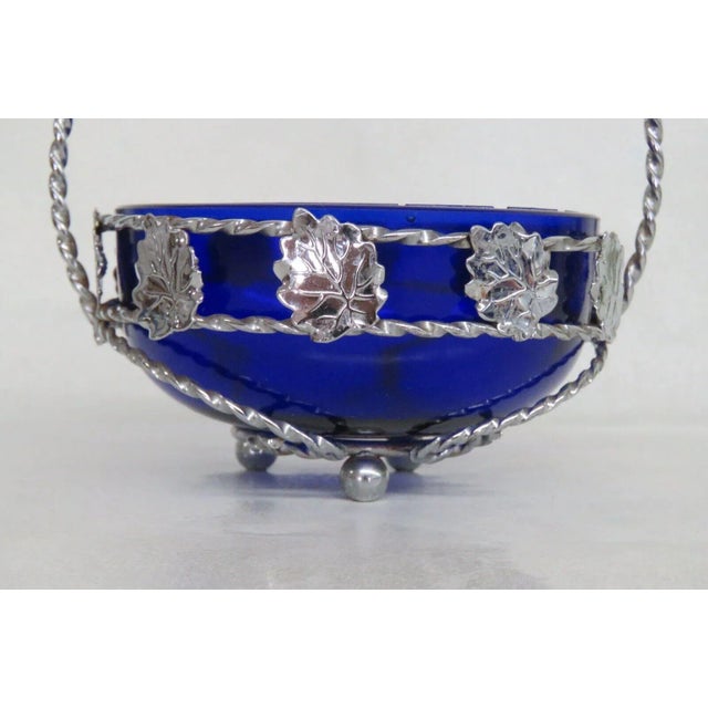 Cobalt Blue Chrome Base Glass Dish With Handle Jam Jelly Condiment Server For Sale - Image 4 of 12