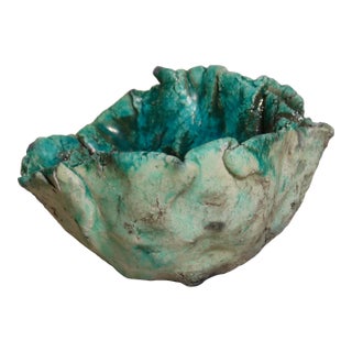 Late 20th Century Contemporary Handbuilt Raku-Fired Ceramic Bowl With Turquoise & Verdigris Glaze For Sale