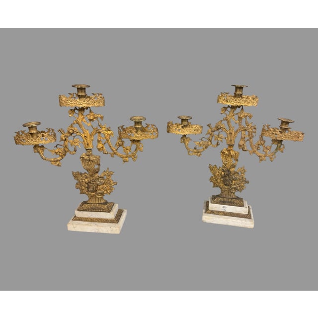 Late 19th Century Pair of Victorian 3 Arm Figural Girandole Candelabra With Baskets of Flowers For Sale - Image 5 of 8