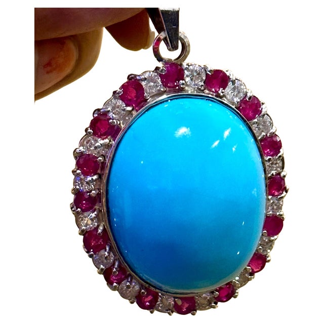 GIA Certified 105 Ct Natural Oval Turquoise, Ruby & Diamond Pendant, Sleeping B For Sale - Image 15 of 18