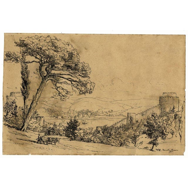 An original 1888 pen & ink drawing, Tristram James Ellis, Rumeli Fortress, Istanbul, Turkey.A fine ink drawing at...