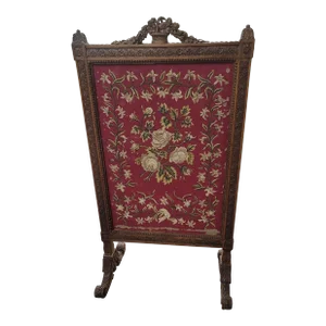 1920s Edwardian Carved Walnut Tapestried Fire Place Screen