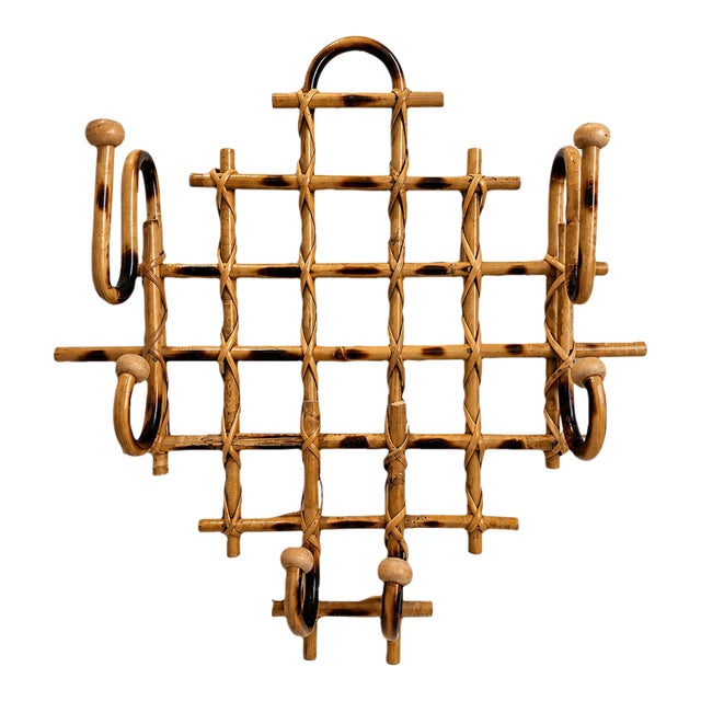 Vintage Burnt Bamboo French Style Wall Coat Rack With 4 Hooks For Sale