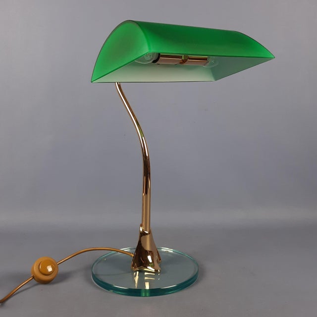 Banker Table Lamp in Polished Brass with Satin Green Glass Shade, 1970s For Sale - Image 16 of 16