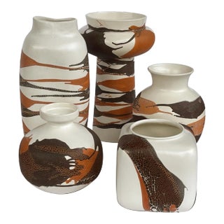 1960s Royal Haeger Pottery Vases W Brown & Russet Drip Glaze on Ivory Ground- Set of 5 For Sale