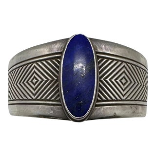 1990s American Indian Sterling Silver Cuff Bracelet With Lapis Lazuli Stone by Navajo James Reid For Sale