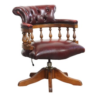 English Style Red Cowhide Height-Adjustable Chesterfield Swivel Office Chair For Sale