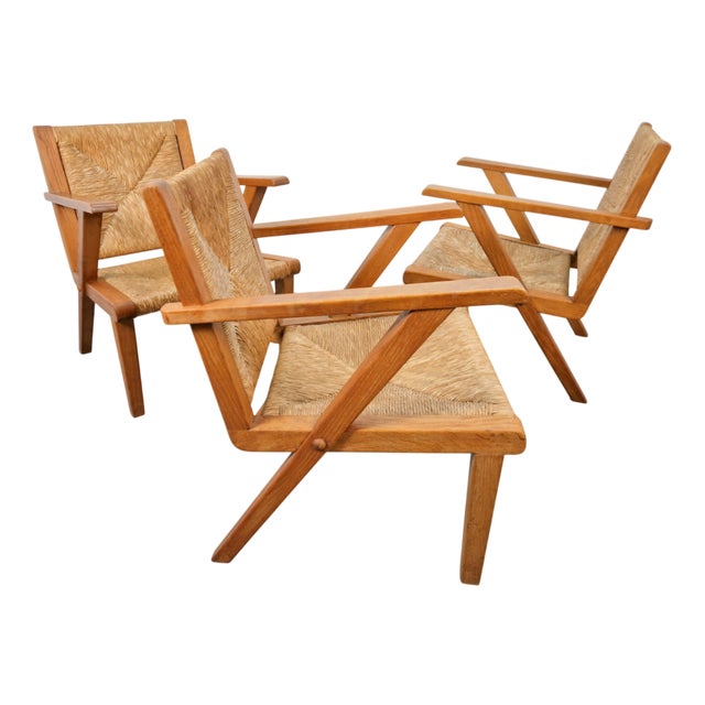 Modernist Brutalist Wooden Armchairs in Rush, 1940s, Set of 3 For Sale