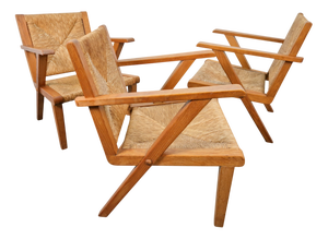 Modernist Brutalist Wooden Armchairs in Rush, 1940s, Set of 3