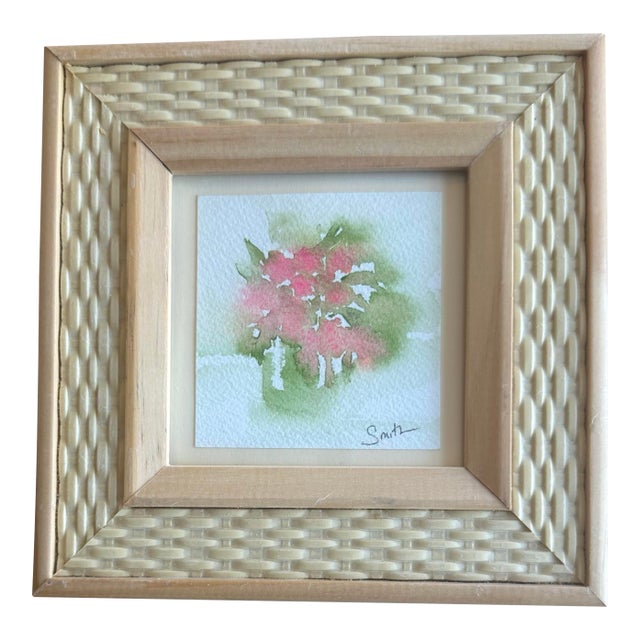Soft Impressionist Floral Watercolor in Textured Woven Frame For Sale