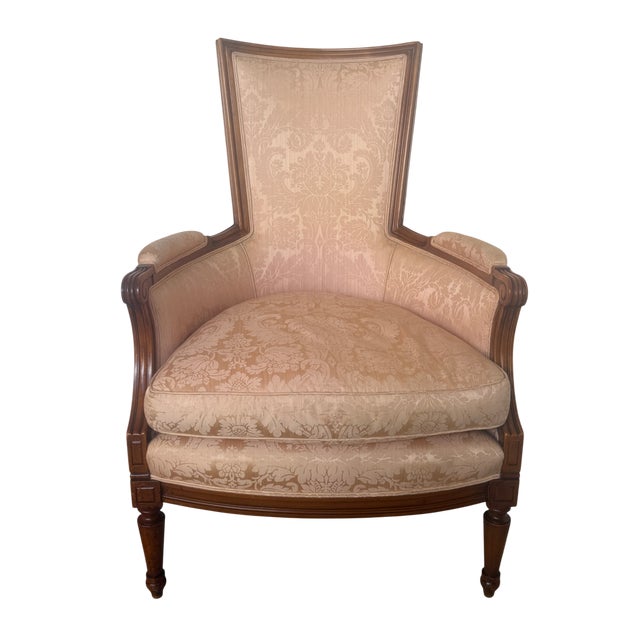 Peach 1950's French Bergere Damask Apricot Lounge Chair For Sale - Image 8 of 9