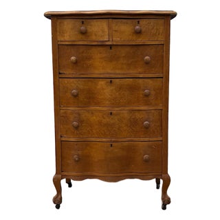 Antique Queen Anne Revival Dresser Chest of Drawers | Early 1900s Colonial Revival Solid Wood Tall Bedroom Dresser Storage Furniture For Sale