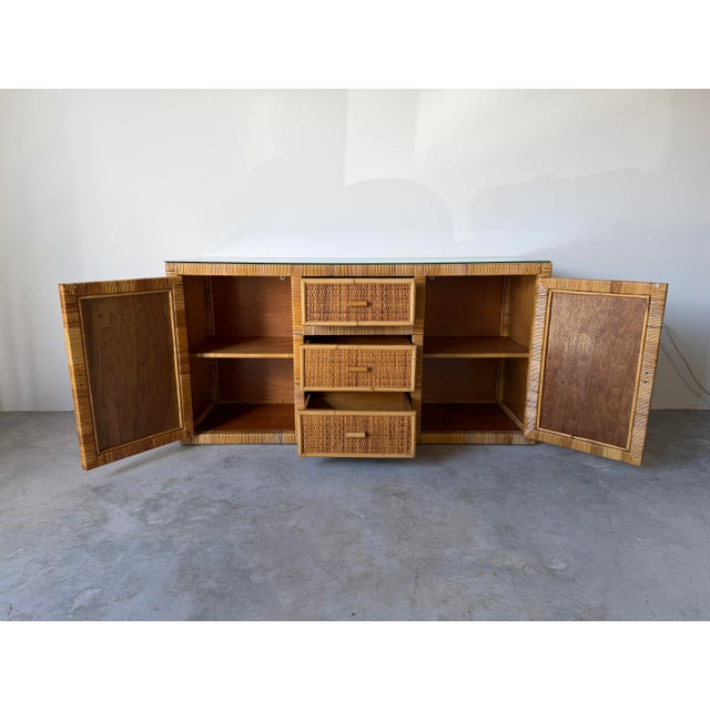 Brown Vintage Coastal Woven Rattan Wrapped Cabinet With Wood Trim & Glass For Sale - Image 8 of 12