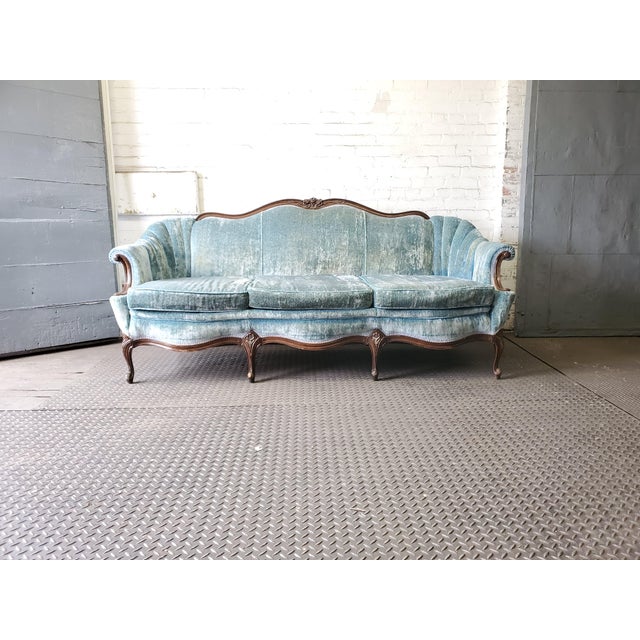Victorian Antique Carved Wood Blue Velvet Sofa | Chairish