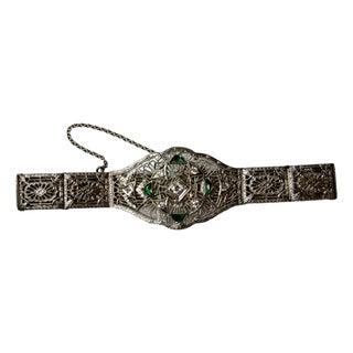 1920s Art Deco Platinum & 14k Gold Estate Emerald & Diamond Bracelet For Sale