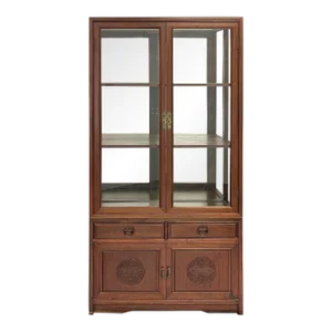 Chinese Vintage Solid Wood Brown Glass Display Bookcase Curio Cabinet