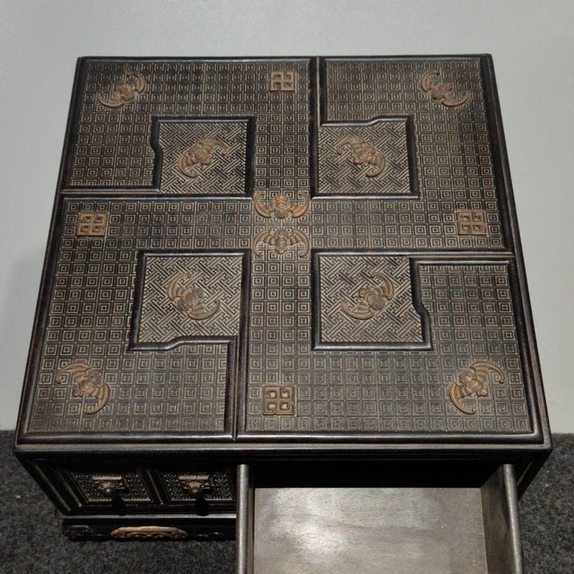 Early 20th Century Antique Chinese Hardwood Jewelry Chest With Gilt-Bronze Inlay & Hidden Drawers For Sale - Image 5 of 9