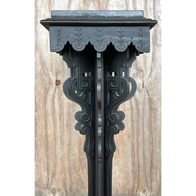 A fantastic vintage Boho wooden pedestal. A classic Eastlake design with the iconic mill work detail. Black stone square...
