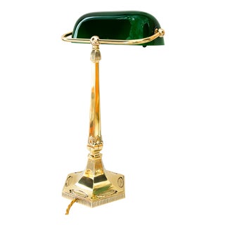 Art Deco Banker Table Lamp with Green Glass, 1920s For Sale