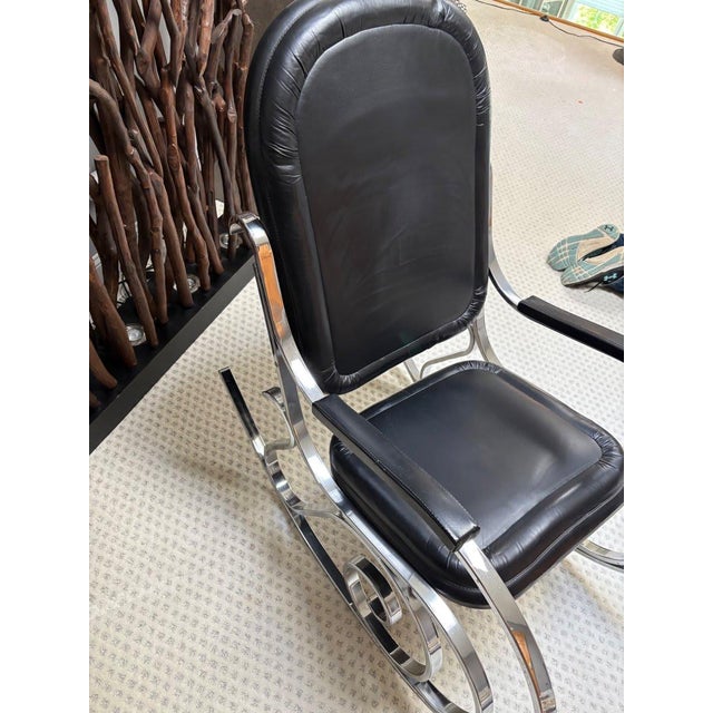 Metal 1970s Hollywood Regency Chrome & Black Leather Scroll Rocking Chair, Manner of Maison Jansen For Sale - Image 7 of 7