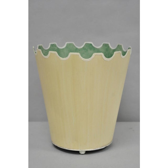 Vintage Italian Hollywood Regency Tole Metal Cream & Green Painted Wastebasket For Sale - Image 12 of 12