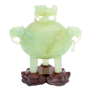 Chinese Carved Jade Foo Dog Covered Tripod Censer For Sale