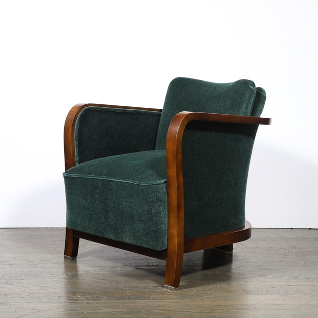 Pair of Art Deco Walnut Armchairs in Eucalyptus Mohair Velvet W/ Nickel Sabots For Sale - Image 4 of 18