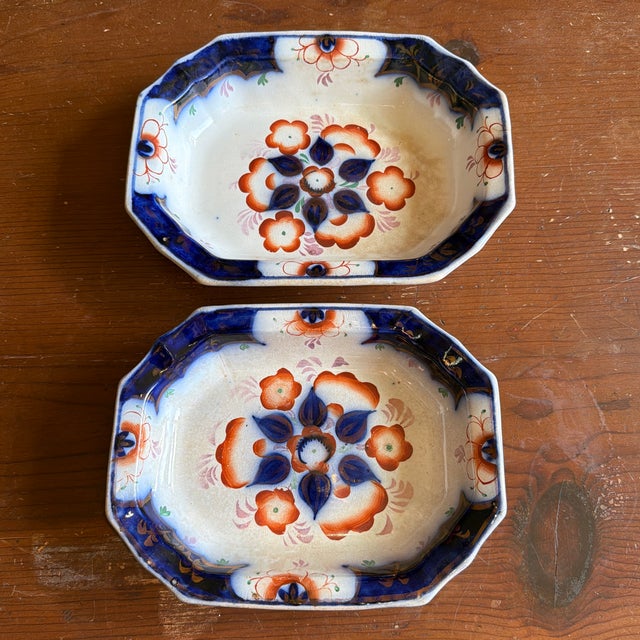 Antique Gaudy Welsh Crescent Pinwheel Flow Blue Set of 2 Vegetable Dishes, Circa 1840s For Sale - Image 9 of 12