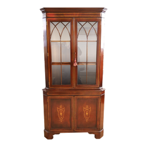 1980s Vintage English Edwardian Style Mahogany Inlaid Corner Cabinet