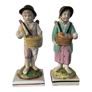 Antique Early 19th Century Georgian Pearlware Staffordshire Figures Pie Seller Boy & Fruit Seller Girl With Angel's Wings - a Pair
